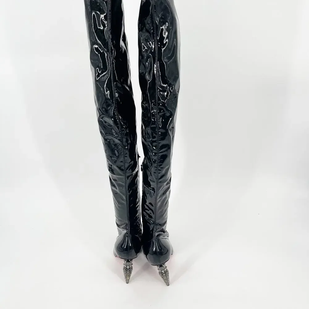 NWOB Christian Louboutin Lipstrass Black Patent Leather Thigh High Boots EU 38.5